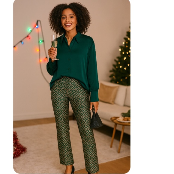 HEATHERLY Green Satin-Like Long Sleeve Button Down Shirt Size Large - Picture 3 of 14